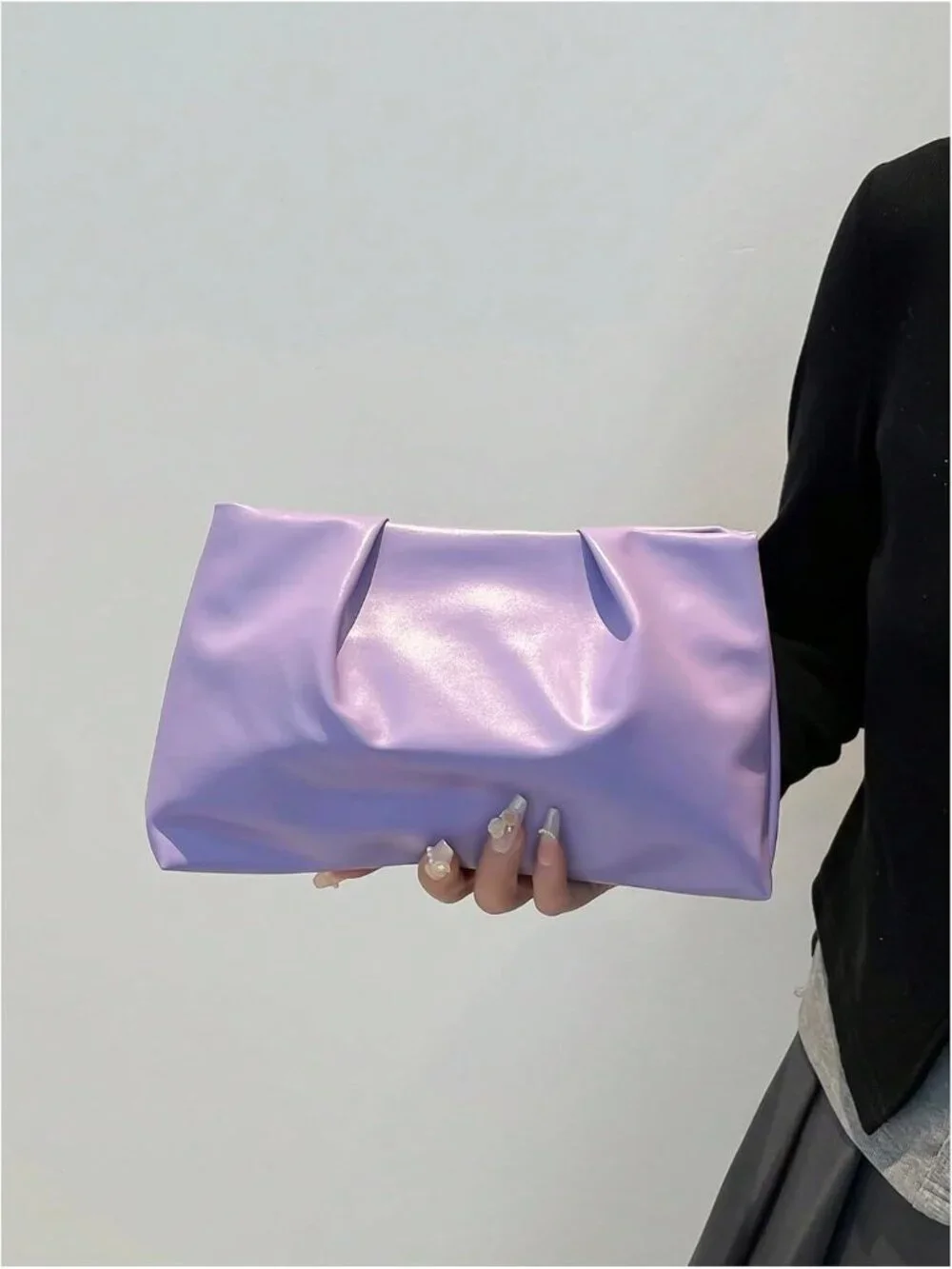 👜Women's Purple PU Leather Clutch Purses Small Zipper Elegant Ruched Handbag